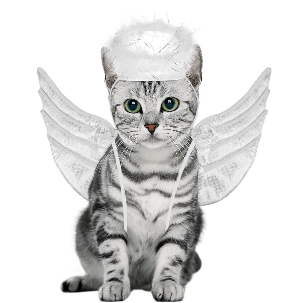 NEW Cat Halloween Costume Angel Wings & Halo Hat Accessories Soft Stretchy